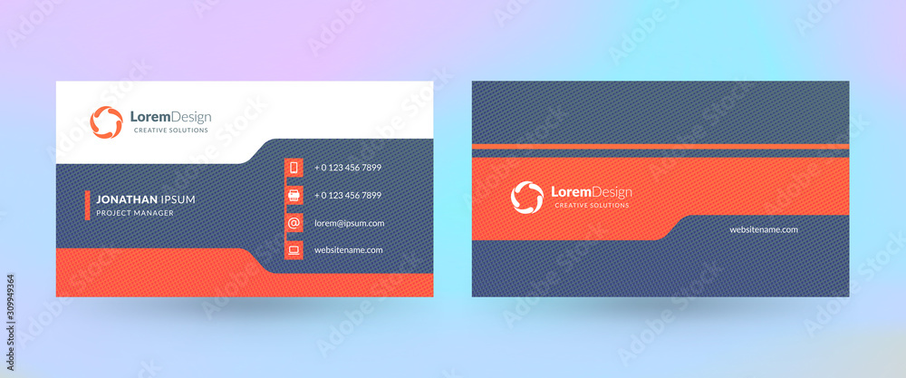 Double-sided horizontal business card template. Vector mockup illustration. Stationery design. Halftone texture Double-sided horizontal business card template. Vector mockup illustration. Stationery design. Halftone texture