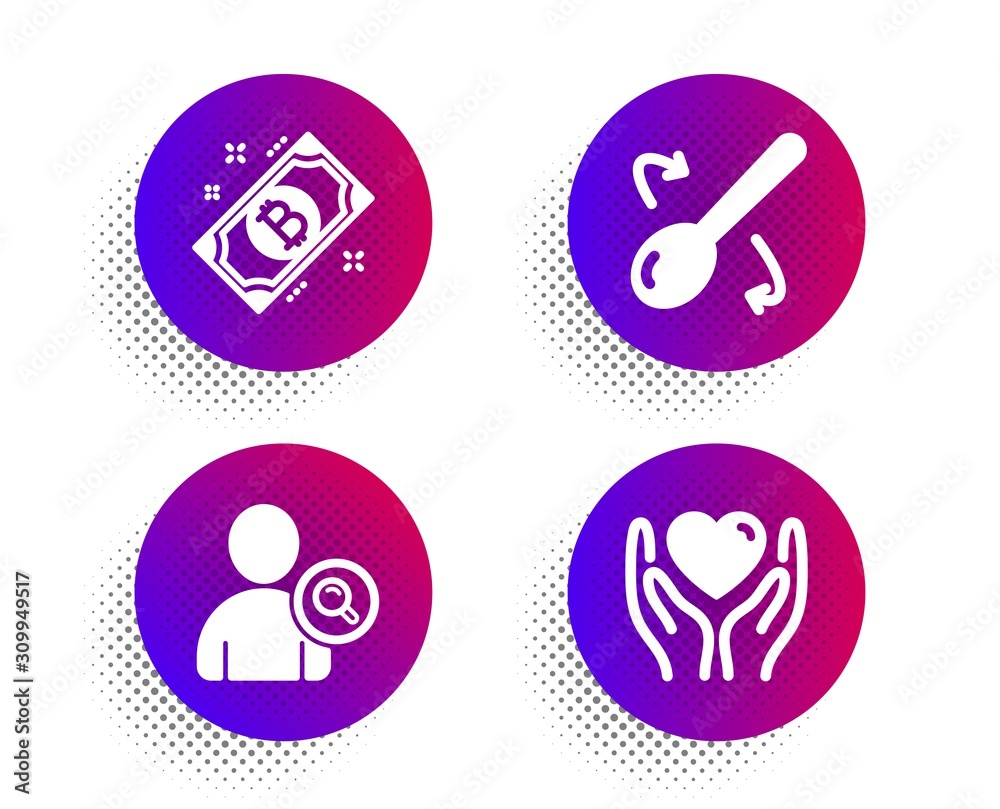 Find user, Bitcoin and Cooking spoon icons simple set. Halftone dots button. Hold heart sign. Search person, Cryptocurrency coin, Cutlery. Friendship. Business set. Classic flat find user icon. Vector Find user, Bitcoin and Cooking spoon icons simple set. Halftone dots button. Hold heart sign. Search person, Cryptocurrency coin, Cutlery. Friendship. Business set. Classic flat find user icon. Vector
