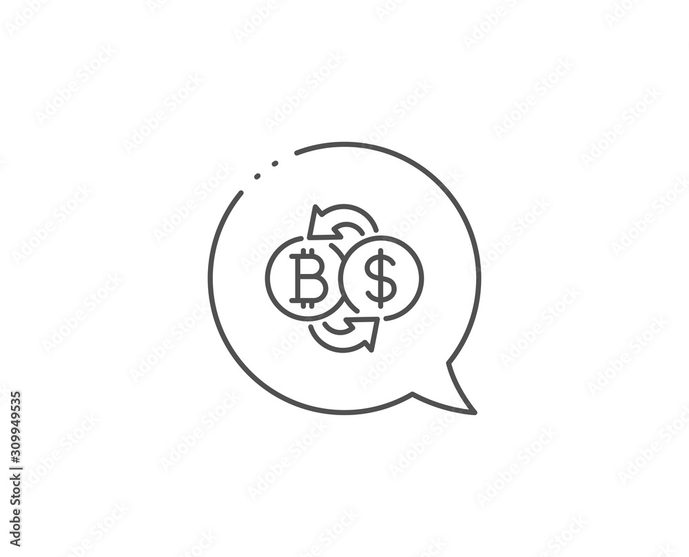 Bitcoin exchange line icon. Chat bubble design. Cryptocurrency coin sign. Dollar money symbol. Outline concept. Thin line bitcoin exchange icon. Vector Bitcoin exchange line icon. Chat bubble design. Cryptocurrency coin sign. Dollar money symbol. Outline concept. Thin line bitcoin exchange icon. Vector