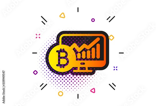 Cryptocurrency analytics sign. Halftone circles pattern. Bitcoin graph icon. Crypto money statistics symbol. Classic flat bitcoin chart icon. Vector