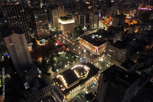 Aerial view of public buildings at night. Famous places of S  o Paulo  Brazil. Great landscape
