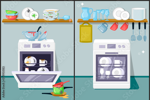 Dirty and clean dishes flat vector illustration