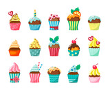 Cupcakes with frosting in cartons flat vector illustration set