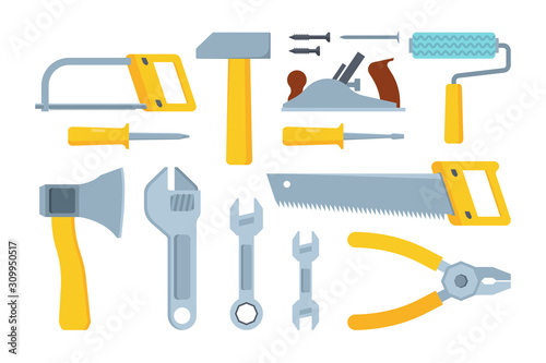 Different modern construction tools flat illustration set