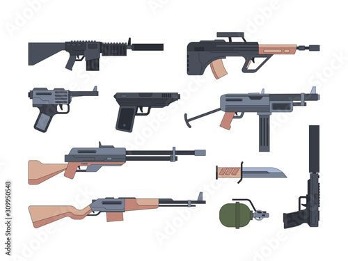 Military weapons and munition flat illustrations set
