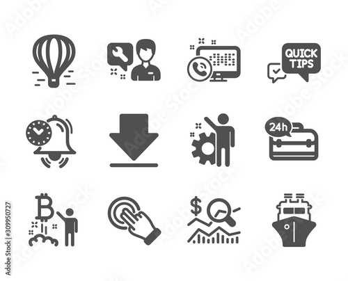 Set of Technology icons, such as Touchscreen gesture, 24h service, Air balloon, Web call, Bitcoin project, Quick tips, Downloading, Time management, Repairman, Check investment, Employee. Vector