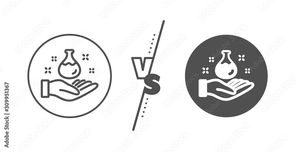 Laboratory flask sign. Versus concept. Chemistry lab line icon. Analysis symbol. Line vs classic chemistry lab icon. Vector Laboratory flask sign. Versus concept. Chemistry lab line icon. Analysis symbol. Line vs classic chemistry lab icon. Vector