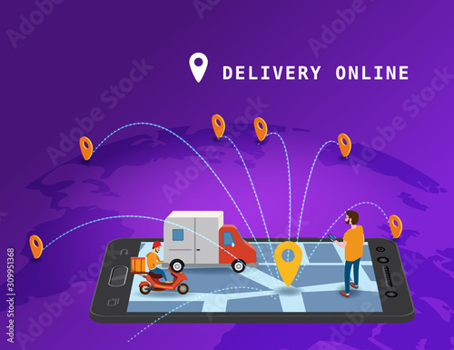 Global tracking system Delivery service online isometric design with smartphone, user man, markers, truck, scooter on map Earth