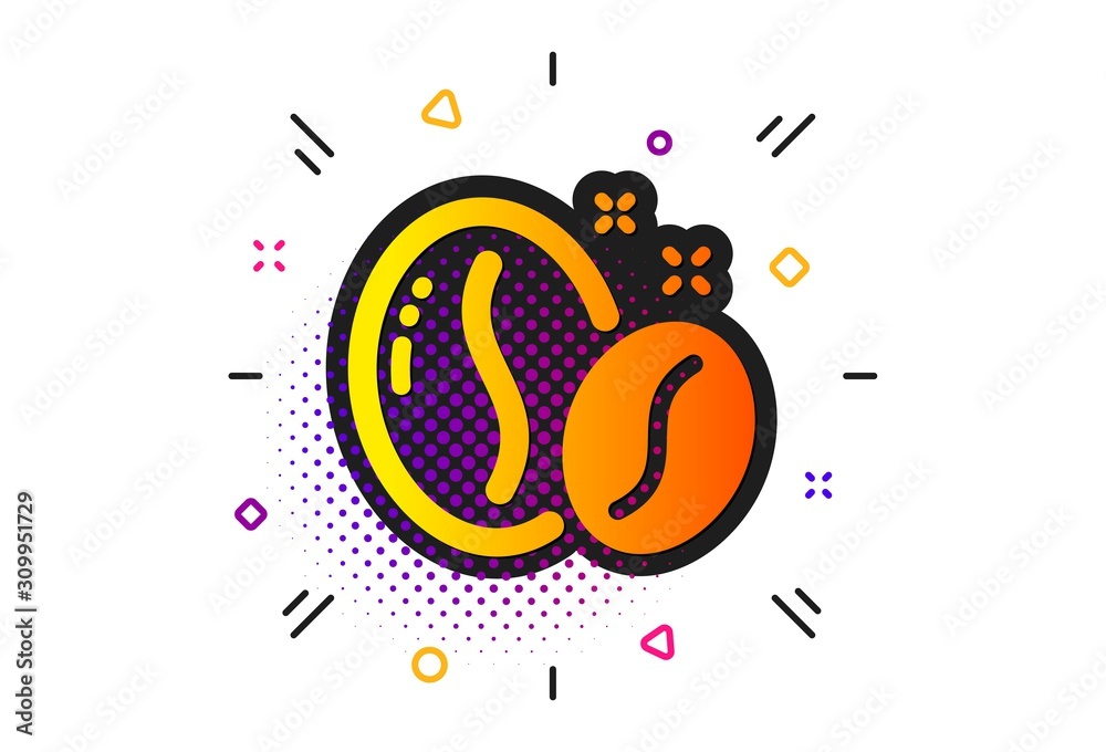 Hot cappuccino seed sign. Halftone circles pattern. Coffee beans icon. Roasted seeds symbol. Classic flat coffee beans icon. Vector Hot cappuccino seed sign. Halftone circles pattern. Coffee beans icon. Roasted seeds symbol. Classic flat coffee beans icon. Vector