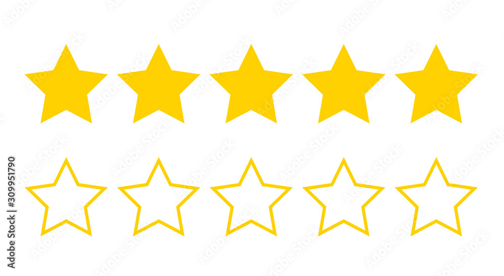 Stars rating icon set. Gold star icon set isolated on a white background Stars rating icon set. Gold star icon set isolated on a white background
