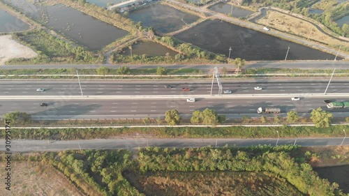 Aerial view of the traffic on the motorway on the weekend.