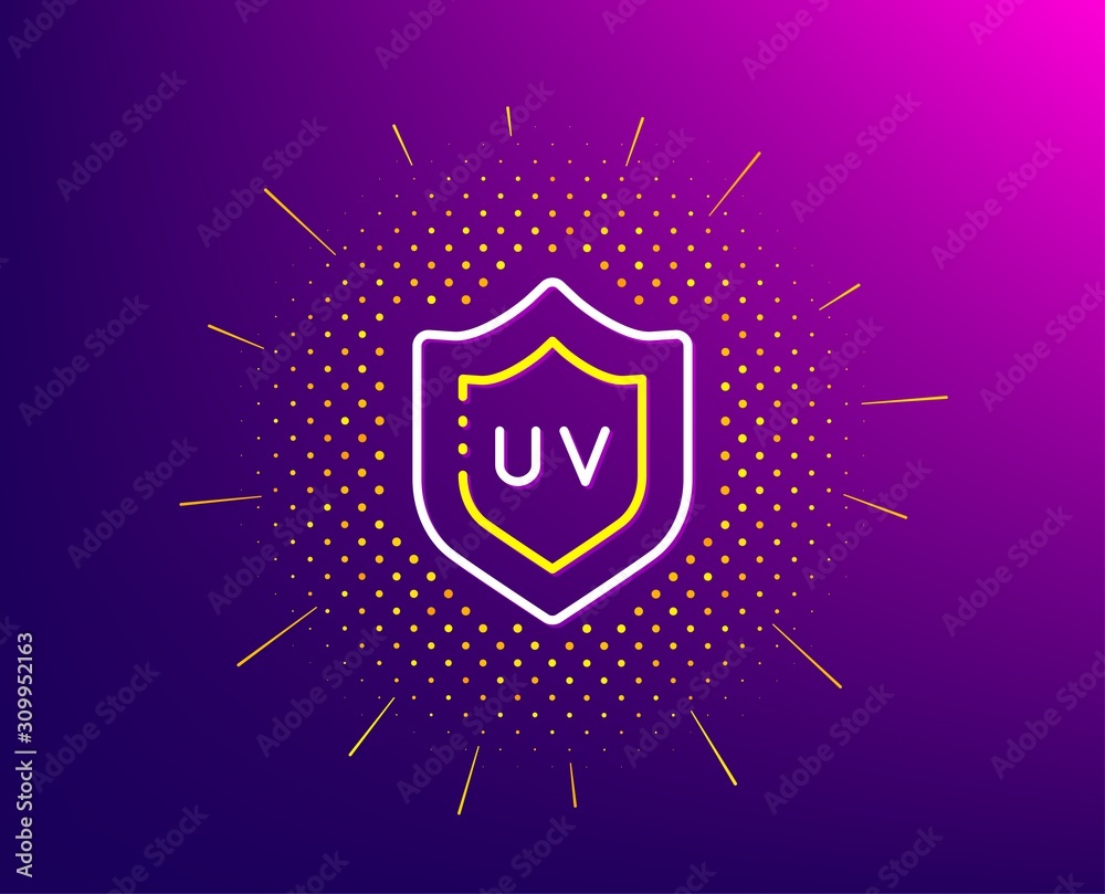 Fototapeta premium Uv protection cream line icon. Halftone pattern. Skin care sign. Cosmetic lotion symbol. Gradient background. Uv protection line icon. Yellow halftone pattern. Vector