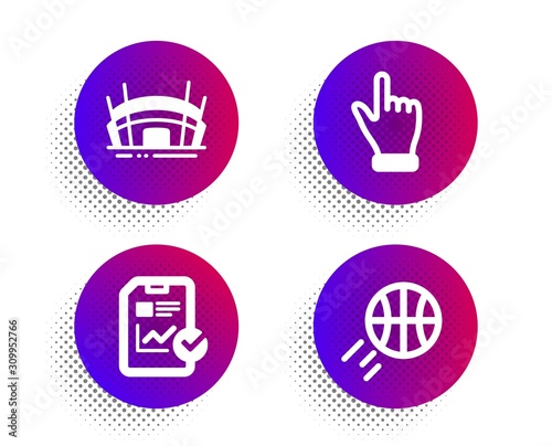Arena stadium, Report checklist and Click hand icons simple set. Halftone dots button. Basketball sign. Competition building, Sales growth file, Direction finger. Sport ball. Business set. Vector