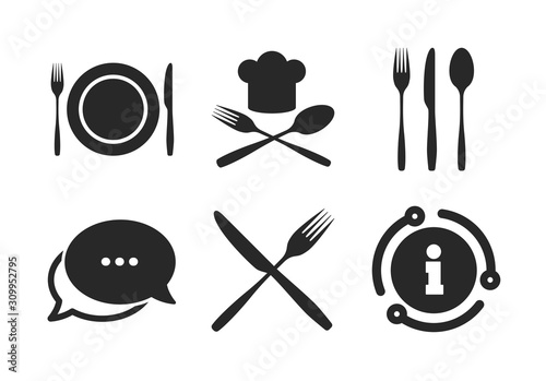 Chief hat sign. Chat, info sign. Plate dish with forks and knifes icons. Crosswise cutlery symbol. Dining etiquette. Classic style speech bubble icon. Vector