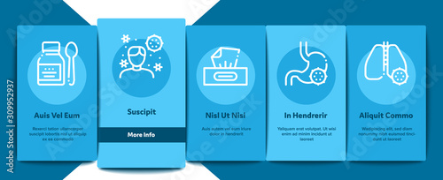 Flu Symptoms Medical Onboarding Mobile App Page Screen. Chills And Fever, Cough And Runny Nose, Flu Virus In Lungs And Stomach Concept Illustrations