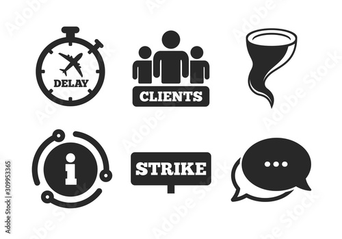 Storm bad weather and group of people signs. Chat, info sign. Strike icon. Delayed flight symbol. Classic style speech bubble icon. Vector