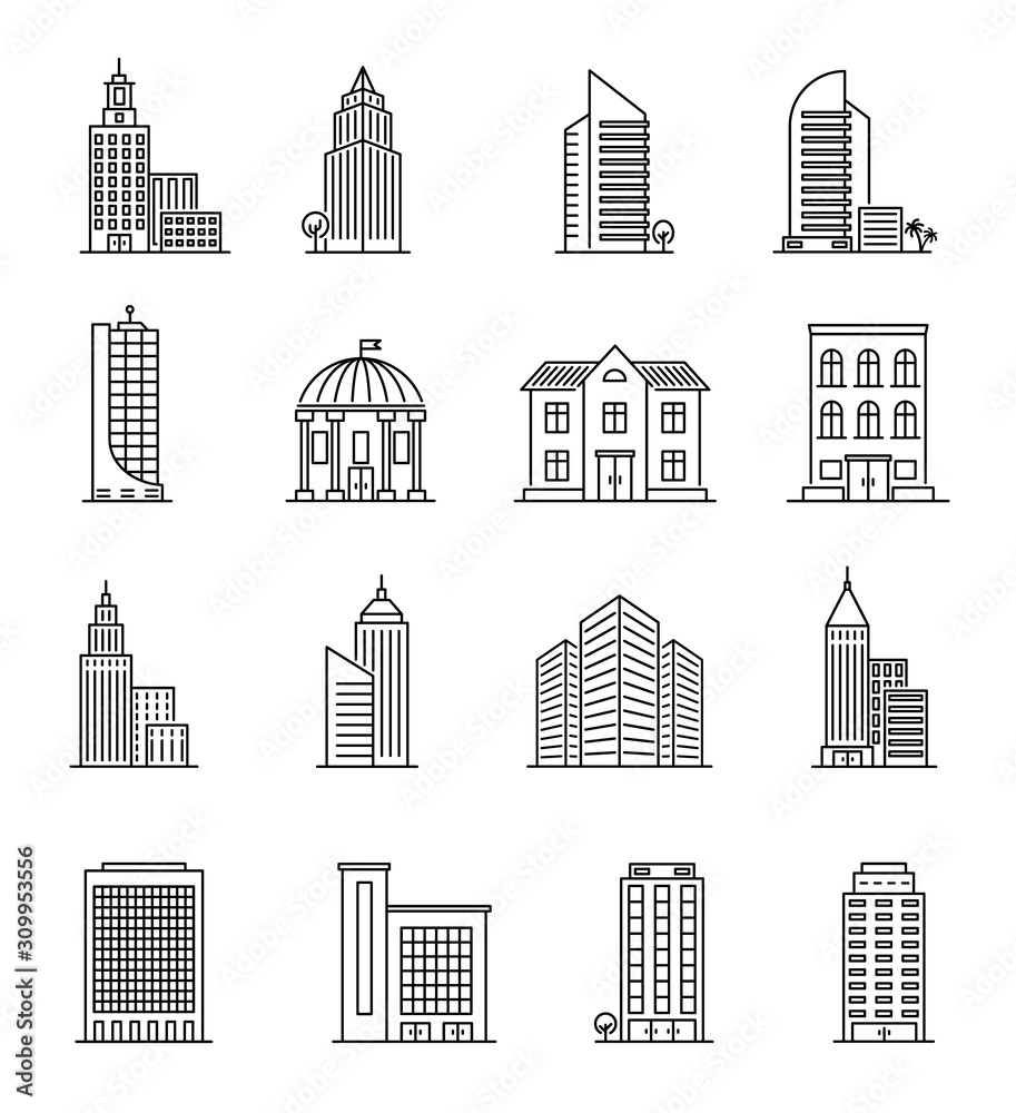 Line buildings. Urban architecture, skyscrapers. Hotel, university and bank, city library line art downtown building icons vector set. Architecture estate, urban building, bank and skyscraper