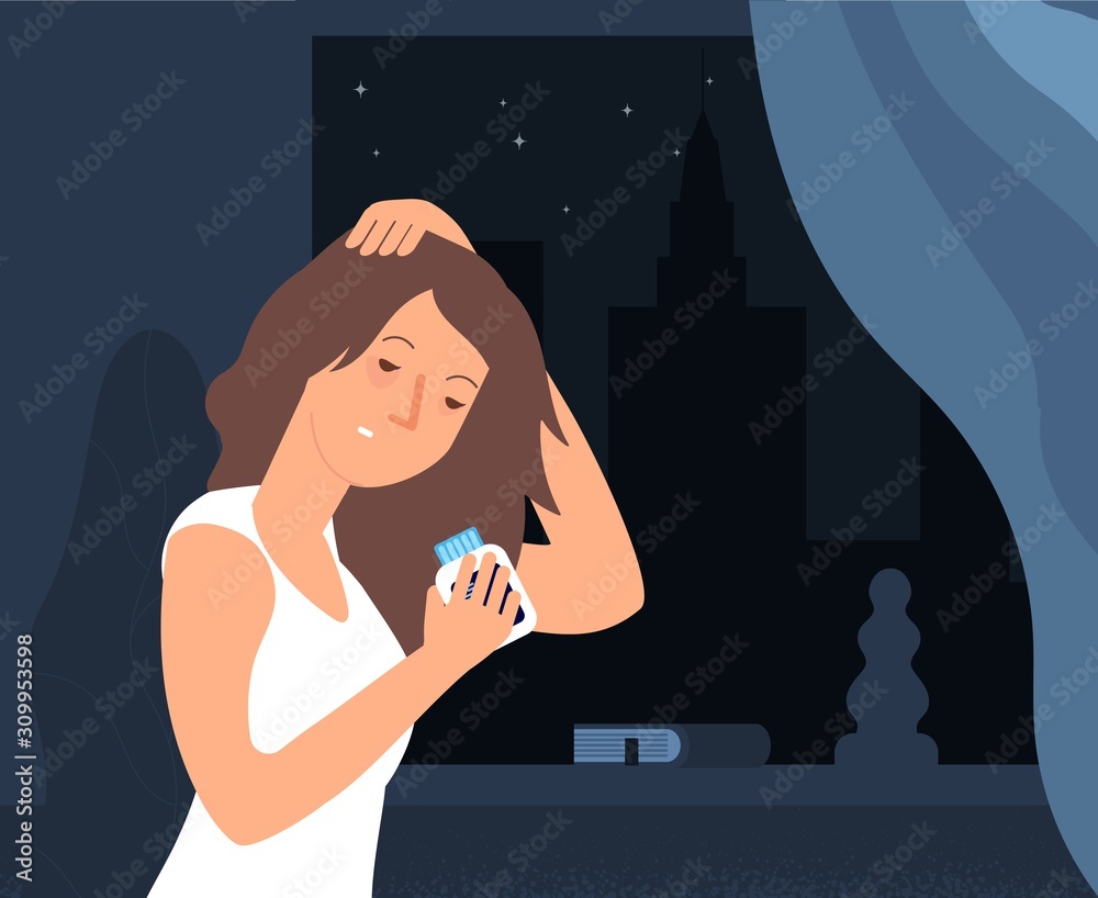 Insomnia problem. Sleepy woman vector character. Fatidue, sleep disorder concept. Girl with sleeping pills. Insomnia problem, sleepy stress night illustration Insomnia problem. Sleepy woman vector character. Fatidue, sleep disorder concept. Girl with sleeping pills. Insomnia problem, sleepy stress night illustration