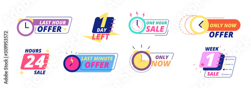 Sale countdown badges. Last day, hour and minute offer labels with clock icons. Big deal limited sale announcement stickers vector set. Countdown badge, special illustration, day minute illustration