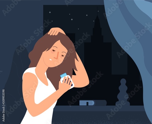 Insomnia problem. Sleepy woman vector character. Fatidue, sleep disorder concept. Girl with sleeping pills. Insomnia problem, sleepy stress night illustration