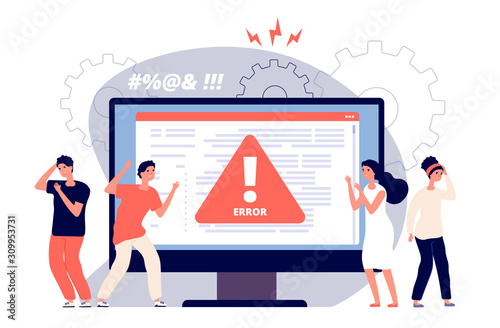 Computer error. Warnings unavailable page users, attention symbol alerts of problem, angry clients near monitor device, vector concept. Computer error, warning message, security alert illustration
