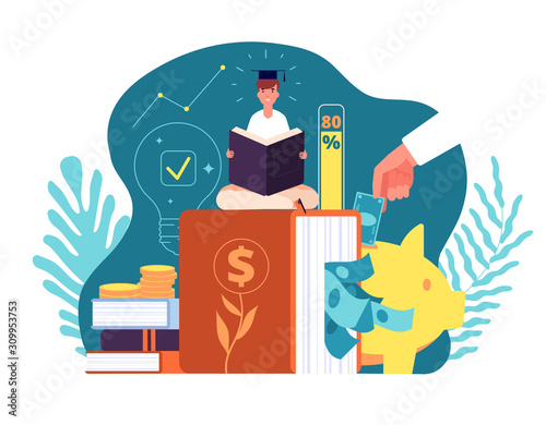 Investments in knowledge. Invest in education e-learning, student loans. Financing of creative projects, web page presentation, vector concept. Illustration education school investment