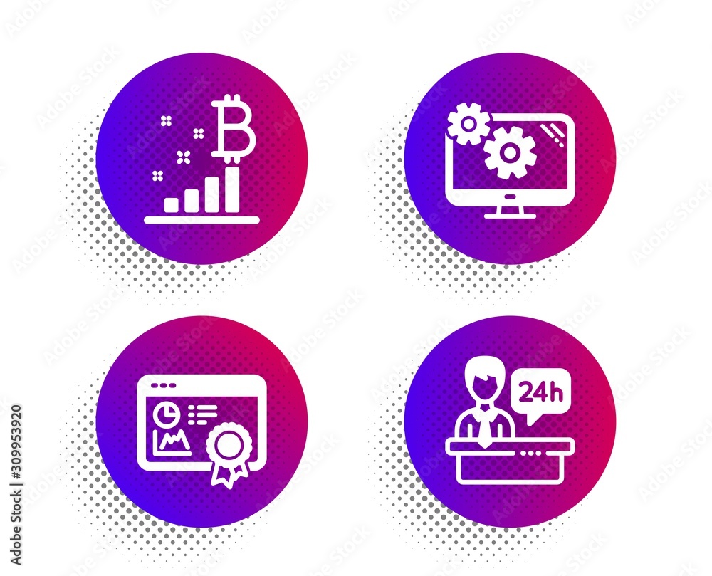 Bitcoin graph, Settings and Seo certificate icons simple set. Halftone dots button. Reception desk sign. Cryptocurrency analytics, Cogwheel tool, Statistics. Hotel service. Business set. Vector Bitcoin graph, Settings and Seo certificate icons simple set. Halftone dots button. Reception desk sign. Cryptocurrency analytics, Cogwheel tool, Statistics. Hotel service. Business set. Vector