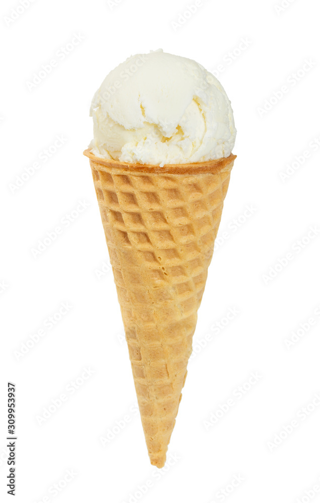 Vanilla ice cream in waffle cone isolated on white
