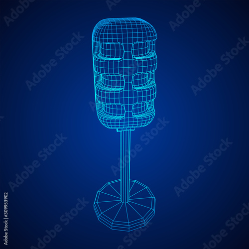 Sound recording equipment vintage microphone. Wireframe low poly mesh vector illustration