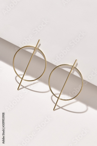 Subject shot of a pair of stud earrings isolated on the white geometric design surface. Each metal earring is made as a golden ring decorated with a golden stick.