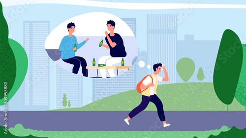 Hangover concept. Guy after party walking to office in morning. Man hangover syndrome vector illustration. Tired adult sad person desirous rest. Morning hangover way to work