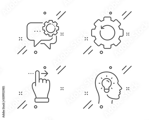 Employees messenger, Touchscreen gesture and Recovery gear line icons set. Idea head sign. Speech bubble, Slide right, Backup info. Lightbulb. Business set. Vector