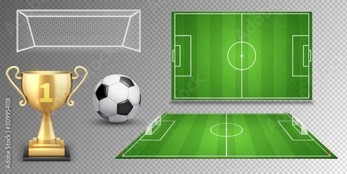 Football vector elements. Soccer ball golden cup green fields goals. Realistic vector football elements isolated on white background. Illustration goal game, soccer or football sport