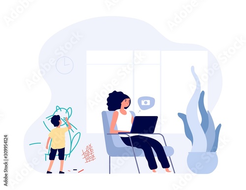 Internet addiction. Mom surfs in internet with laptop. Kid creates chaos in home. Single mother vector character. Illustration mother with laptop, woman addiction online