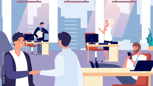 Office routine. Happy people at work. Greeting new employee, office characters vector illustration. Office employee, routine business work