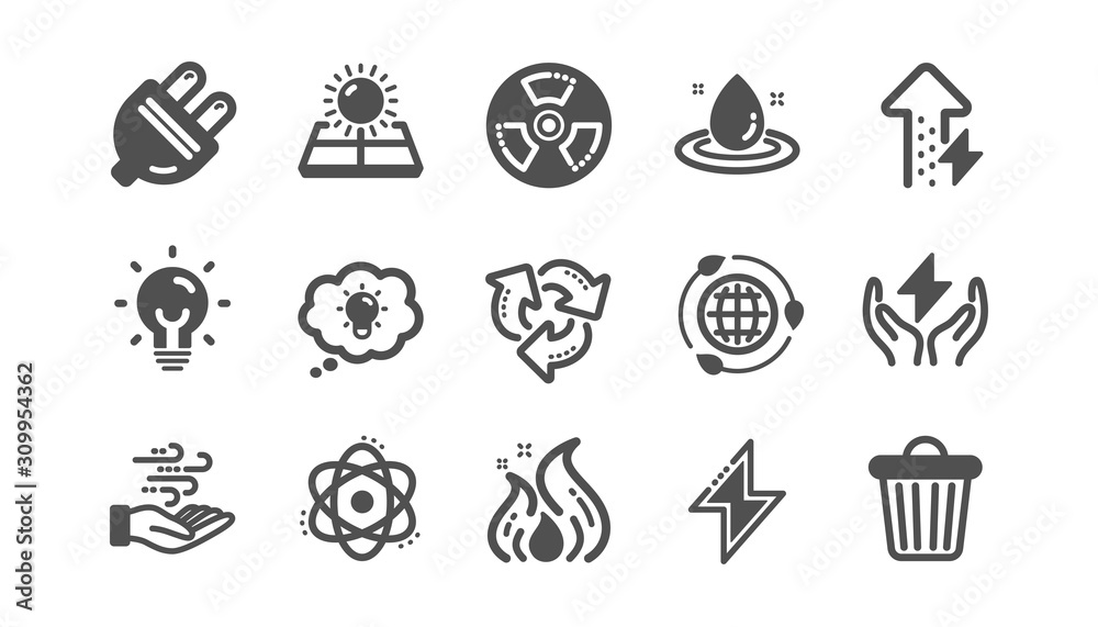 Energy icons. Solar panels, wind energy and electric thunder bolt. Fire flame, hazard, green ecology icons. Classic set. Quality set. Vector