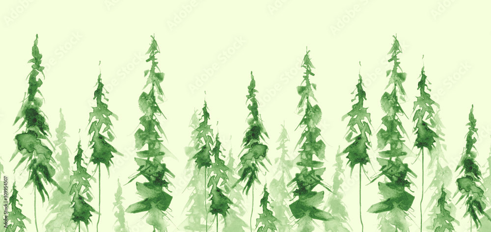 Seamless watercolor linear pattern, border. green spruce, pine, cedar, larch, abstract forest, silhouette of green trees. On  isolated background. horizontal panorama, banner. 