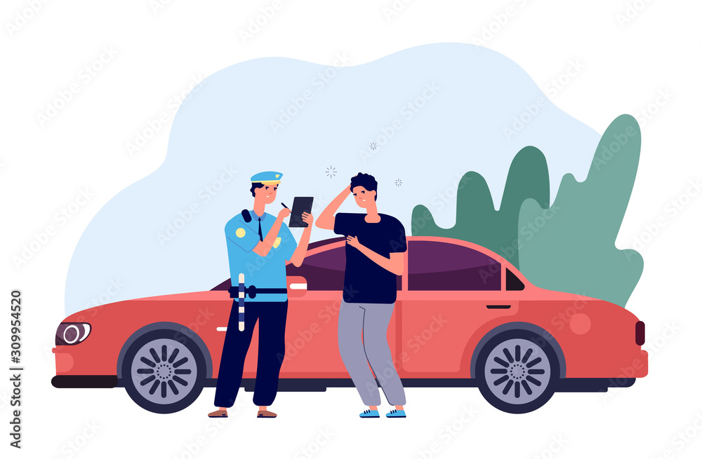 Policeman and driver. Car inspector write fine to intruder high speed traffic violation. Safety control admonition vector concept. Officer police write ticke for over limit speed illustration - obrazy, fototapety, plakaty 