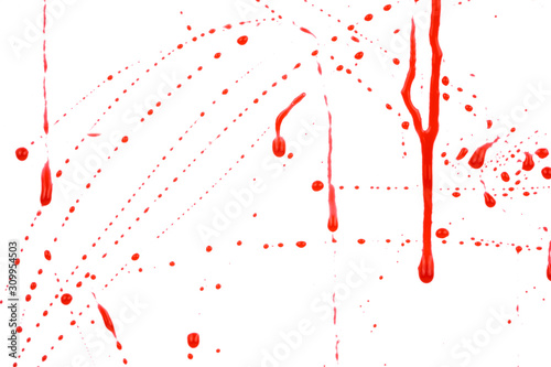 Bloody splashes and drops on a white background. Dripping and following red blood