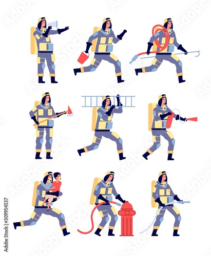 Fireman. Firefighter characters saving people, rescue equipment. Firefighters in helmet with extinguisher, firehose cartoon vector set. Illustration firefighter, fireman uniform protection equipment