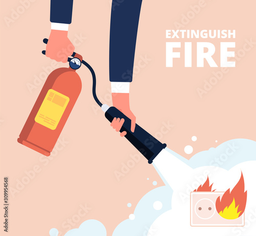 Fire extinguisher and electric socket. Fireman extinguish fire wiring in home, emergency damaged cord, electrical overload vector concept. Illustration fire and electricity, extinguisher and safety