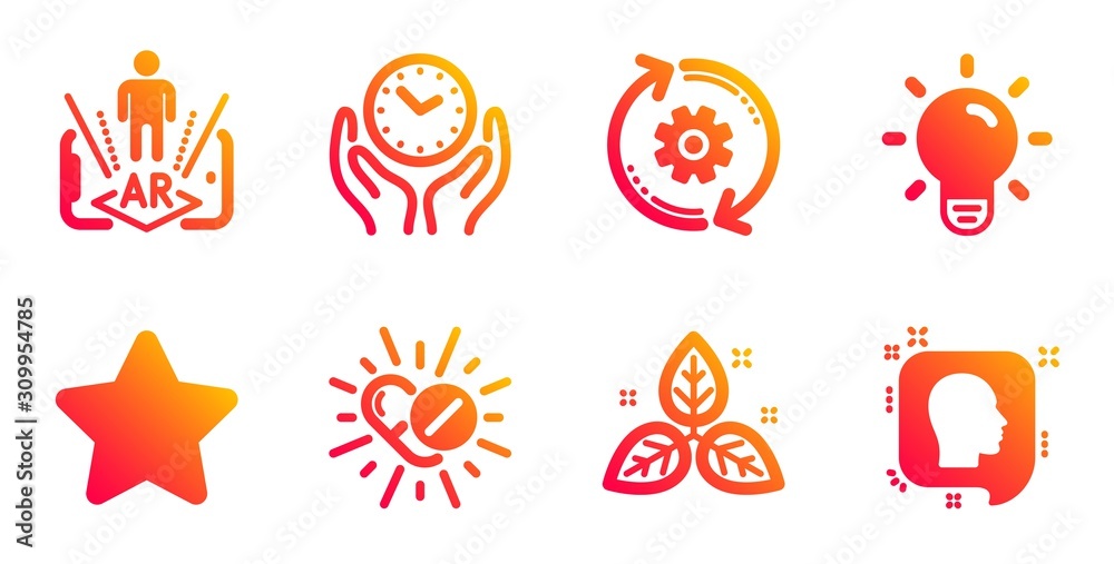 Fair trade, Augmented reality and Light bulb line icons set. Medical drugs, Cogwheel and Safe time signs. Star, Head symbols. Leaf, Phone simulation. Science set. Gradient fair trade icons set. Vector