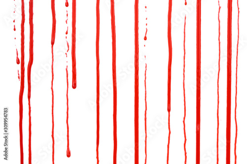 Dripping blood isolated on white background. Flowing red blood splashes, drops and trail