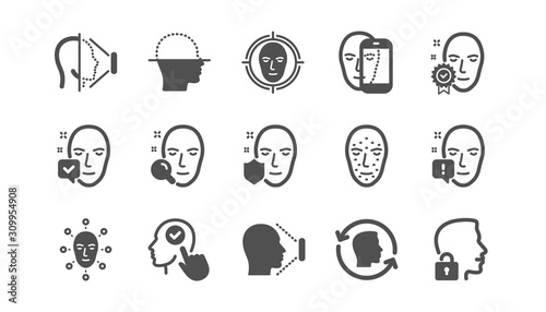 Face recognize icons. Biometrics detection, Face id and scanning. Identification classic icon set. Quality set. Vector