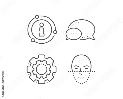 Face recognition line icon. Chat bubble, info sign elements. Faces biometrics sign. Head scanning symbol. Linear face recognition outline icon. Information bubble. Vector