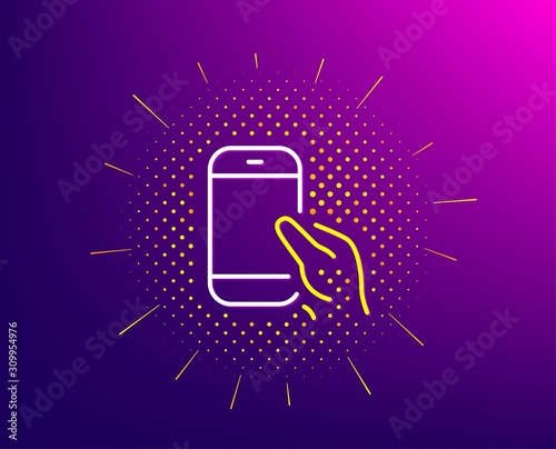 Hold Smartphone icon. Halftone pattern. Give Cellphone or Phone sign. Ð¡ommunication Mobile device symbol. Gradient background. Hold Smartphone line icon. Yellow halftone pattern. Vector