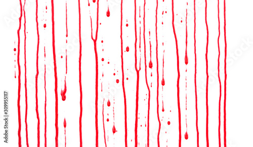 Dripping blood isolated on white background. Flowing red blood splashes, drops and trail