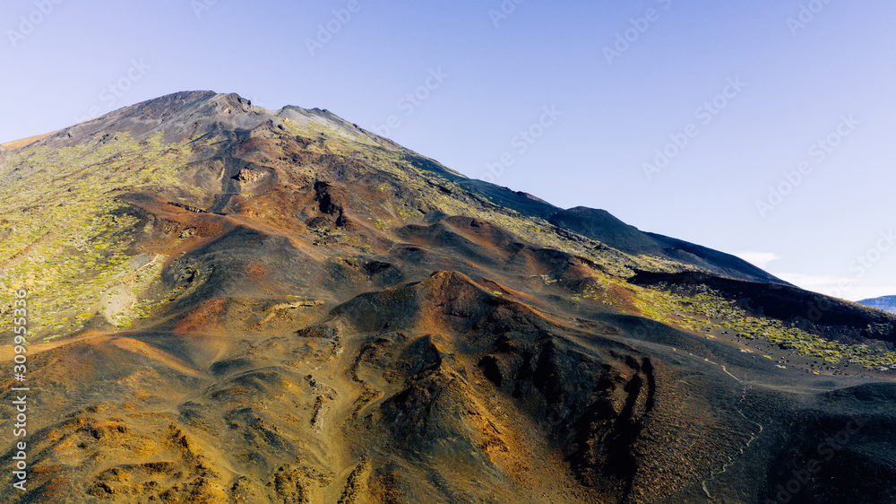 Scenic shot from above of the dry vulcanic surface around the Teide, Spains highest mountain