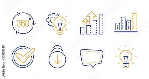 360 degree, Confirmed and Scroll down line icons set. Graph chart, Idea gear and Chat message signs. Analysis graph, Idea symbols. Virtual reality, Accepted message. Technology set. Vector