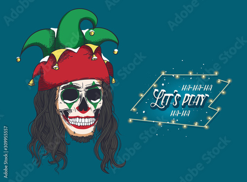 Bearded skull of a joker in a jester hat. Skull in makeup Harlequin. Print for t-shirts, various printing and posters.